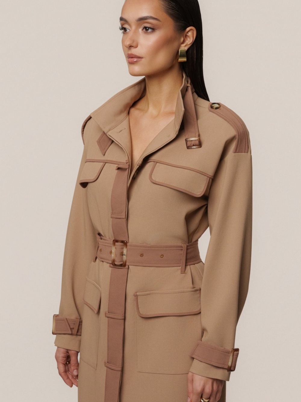 JLUXLABEL Beige Tan Icon Belted Midi Dress Belted Midi Trench Coat Military S - Picture 6 of 9